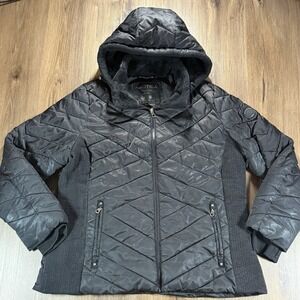 Nautica Women' XXL Quilted Jacket Black Hooded Water Resistant Fleece Lined Coat